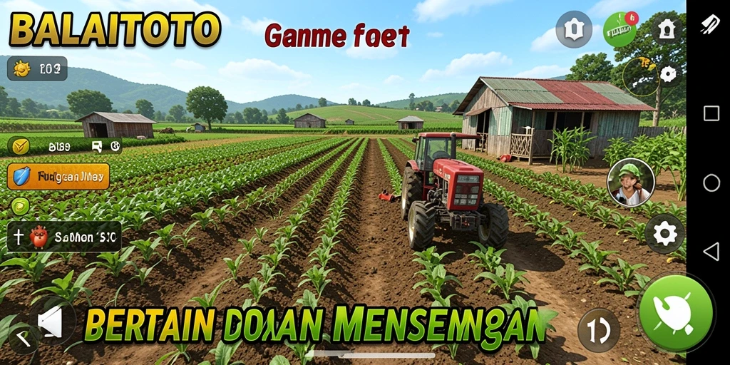 Tampilan gameplay BALAITOTO menunjukkan ladang luas dengan tanaman hijau dan hewan peliharaan.