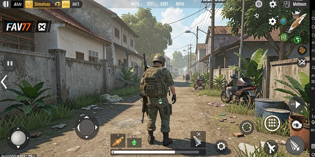 Tampilan gameplay FAV77 dengan lingkungan yang dinamis dan karakter berinteraksi.