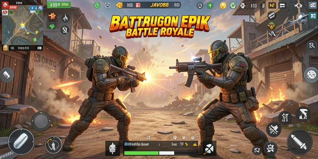 Screenshot utama JAVO88 menampilkan aksi seru di arena Battle Royale.