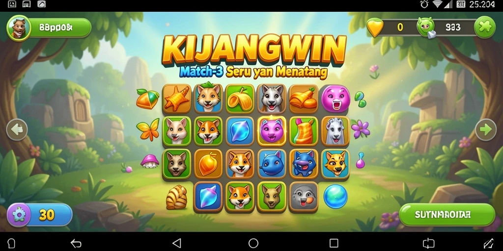 Tangkapan layar gameplay KIJANGWIN dengan level Match-3 yang menantang.