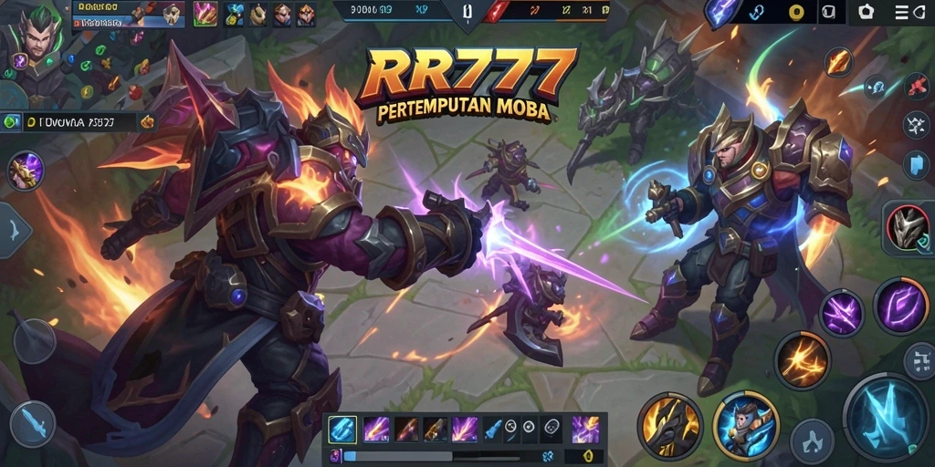 Screenshot gameplay RR777 yang menampilkan aksi seru dalam pertempuran MOBA.